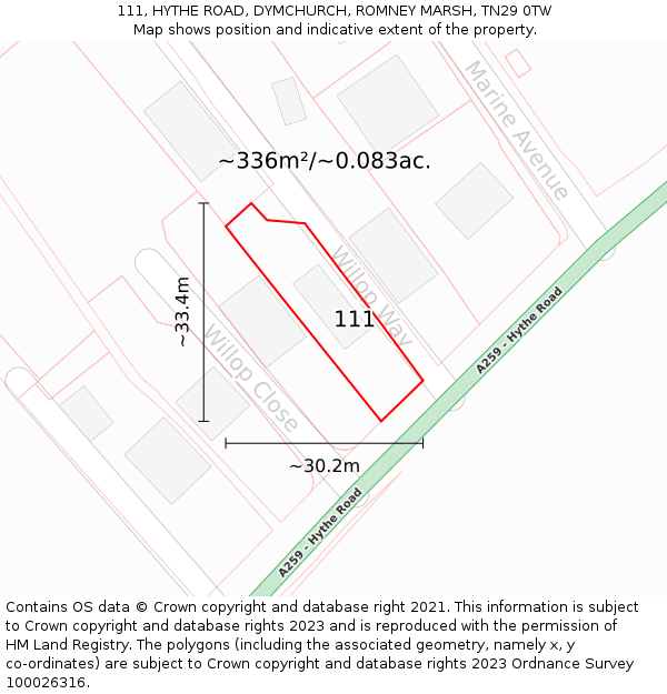 111, HYTHE ROAD, DYMCHURCH, ROMNEY MARSH, TN29 0TW: Plot and title map