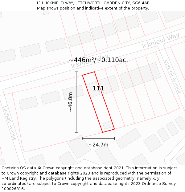 111, ICKNIELD WAY, LETCHWORTH GARDEN CITY, SG6 4AR: Plot and title map