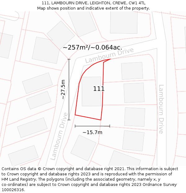 111, LAMBOURN DRIVE, LEIGHTON, CREWE, CW1 4TL: Plot and title map