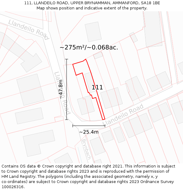 111, LLANDEILO ROAD, UPPER BRYNAMMAN, AMMANFORD, SA18 1BE: Plot and title map