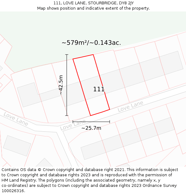 111, LOVE LANE, STOURBRIDGE, DY8 2JY: Plot and title map