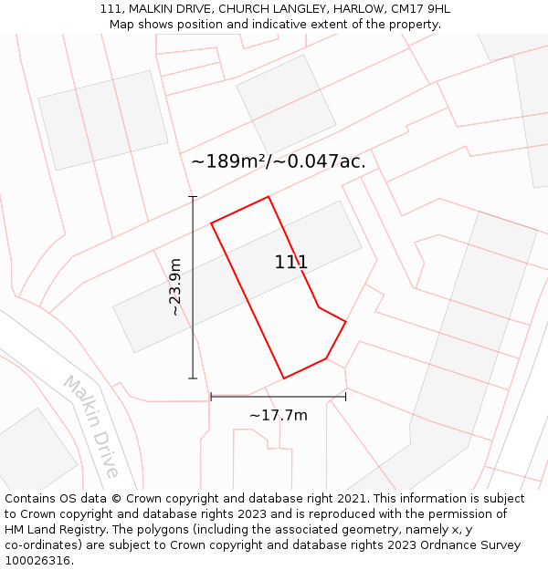 111, MALKIN DRIVE, CHURCH LANGLEY, HARLOW, CM17 9HL: Plot and title map