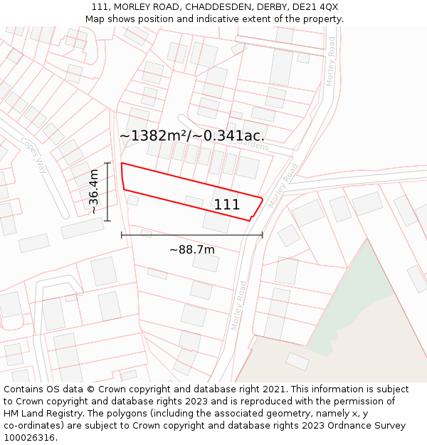 111, MORLEY ROAD, CHADDESDEN, DERBY, DE21 4QX: Plot and title map