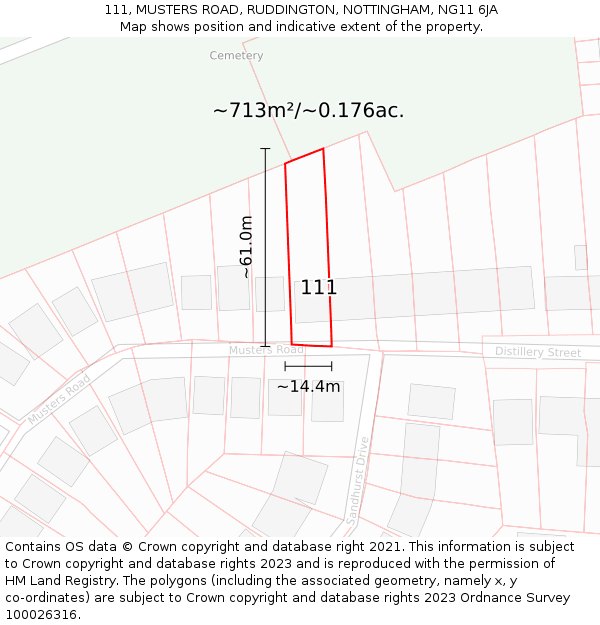 111, MUSTERS ROAD, RUDDINGTON, NOTTINGHAM, NG11 6JA: Plot and title map