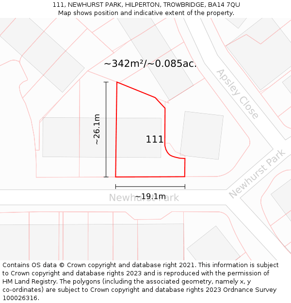 111, NEWHURST PARK, HILPERTON, TROWBRIDGE, BA14 7QU: Plot and title map