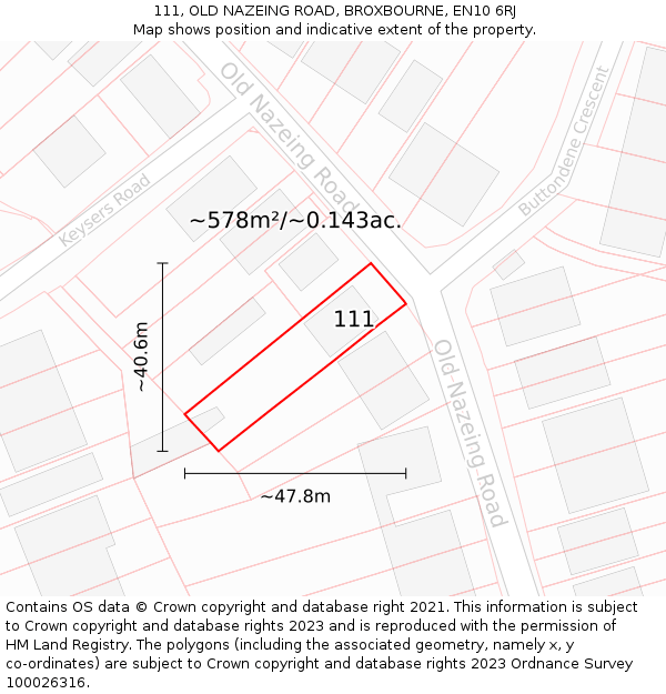 111, OLD NAZEING ROAD, BROXBOURNE, EN10 6RJ: Plot and title map