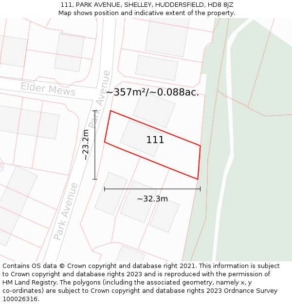 111, PARK AVENUE, SHELLEY, HUDDERSFIELD, HD8 8JZ: Plot and title map