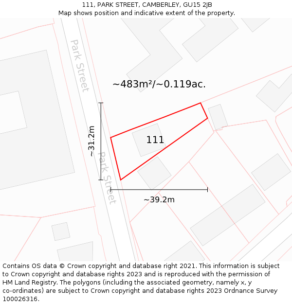 111, PARK STREET, CAMBERLEY, GU15 2JB: Plot and title map