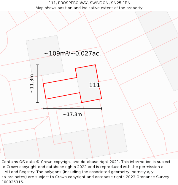 111, PROSPERO WAY, SWINDON, SN25 1BN: Plot and title map