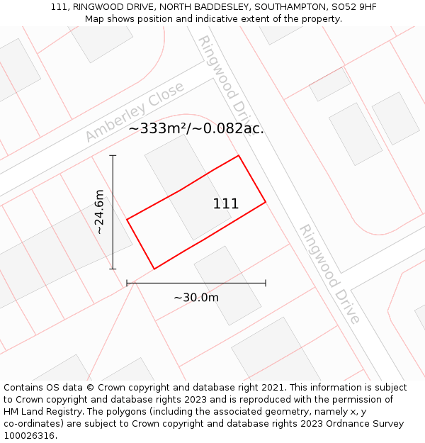 111, RINGWOOD DRIVE, NORTH BADDESLEY, SOUTHAMPTON, SO52 9HF: Plot and title map