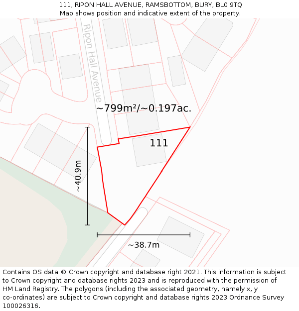 111, RIPON HALL AVENUE, RAMSBOTTOM, BURY, BL0 9TQ: Plot and title map