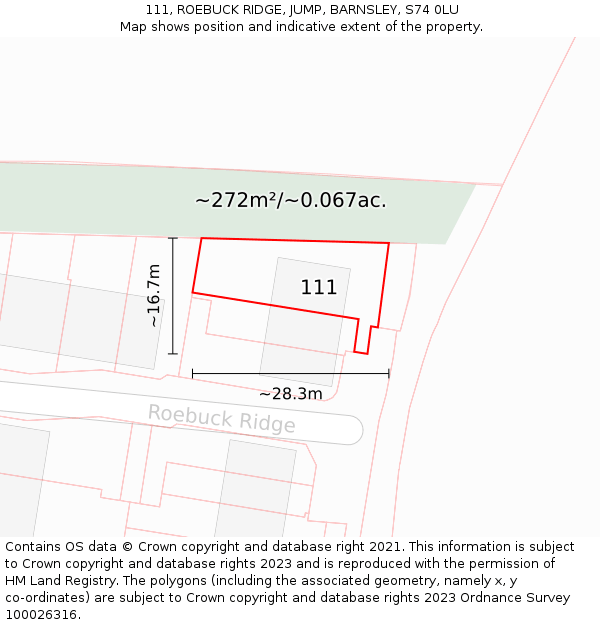 111, ROEBUCK RIDGE, JUMP, BARNSLEY, S74 0LU: Plot and title map