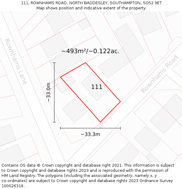 111, ROWNHAMS ROAD, NORTH BADDESLEY, SOUTHAMPTON, SO52 9ET: Plot and title map