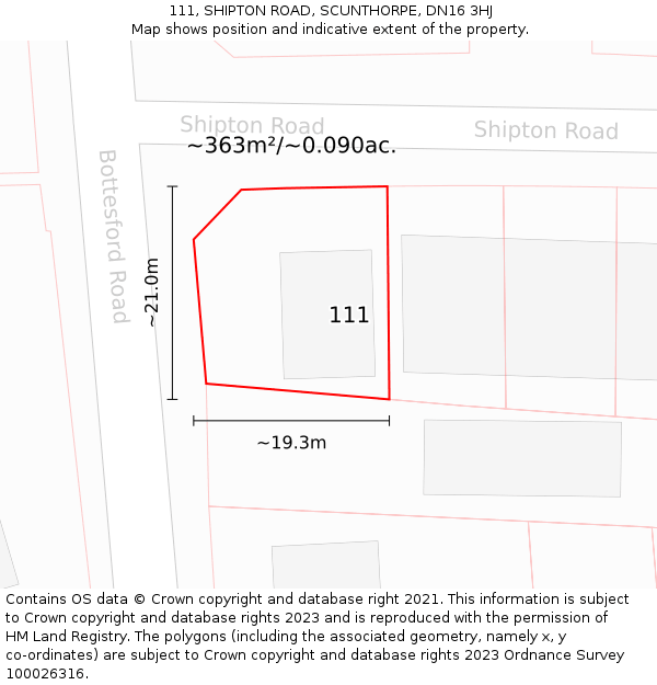 111, SHIPTON ROAD, SCUNTHORPE, DN16 3HJ: Plot and title map