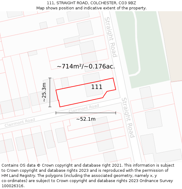 111, STRAIGHT ROAD, COLCHESTER, CO3 9BZ: Plot and title map