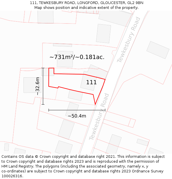 111, TEWKESBURY ROAD, LONGFORD, GLOUCESTER, GL2 9BN: Plot and title map