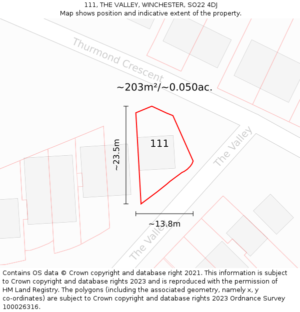 111, THE VALLEY, WINCHESTER, SO22 4DJ: Plot and title map