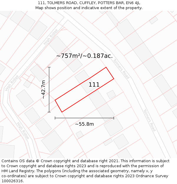 111, TOLMERS ROAD, CUFFLEY, POTTERS BAR, EN6 4JL: Plot and title map