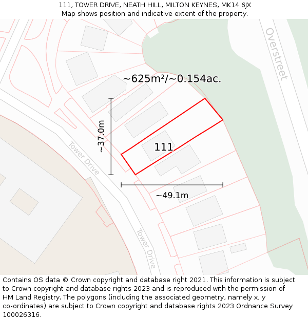 111, TOWER DRIVE, NEATH HILL, MILTON KEYNES, MK14 6JX: Plot and title map