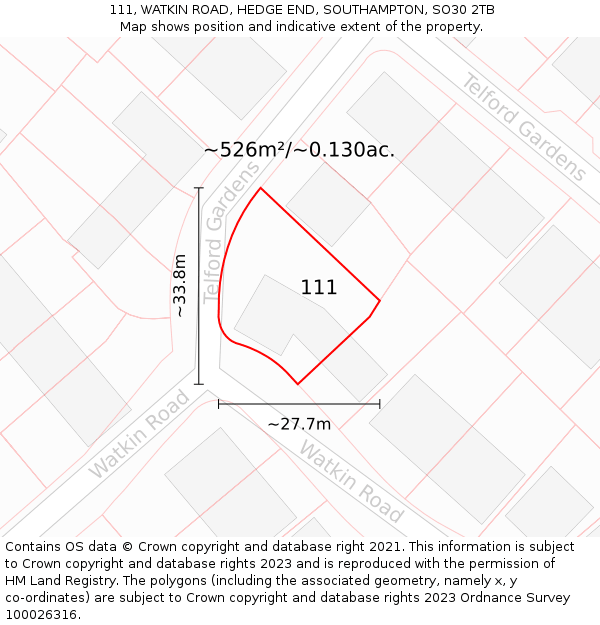 111, WATKIN ROAD, HEDGE END, SOUTHAMPTON, SO30 2TB: Plot and title map