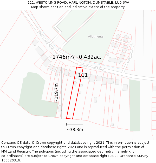 111, WESTONING ROAD, HARLINGTON, DUNSTABLE, LU5 6PA: Plot and title map