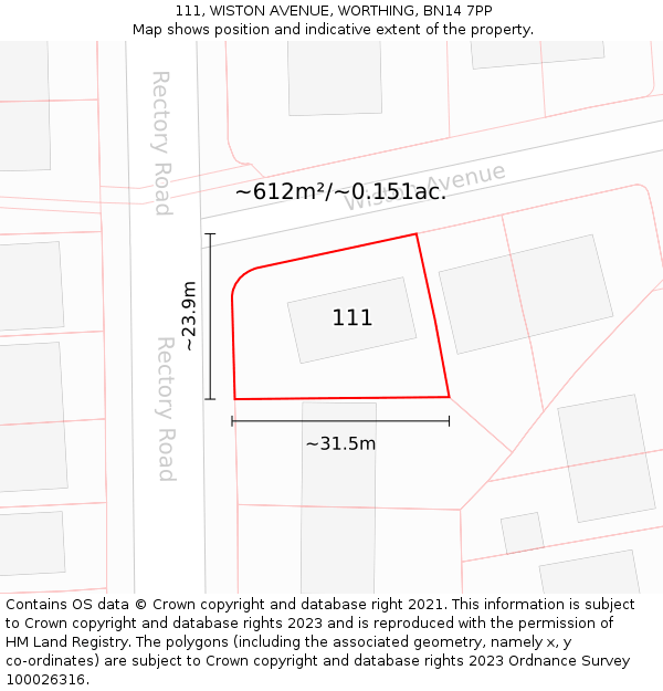 111, WISTON AVENUE, WORTHING, BN14 7PP: Plot and title map