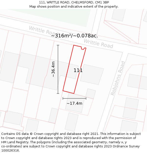 111, WRITTLE ROAD, CHELMSFORD, CM1 3BP: Plot and title map