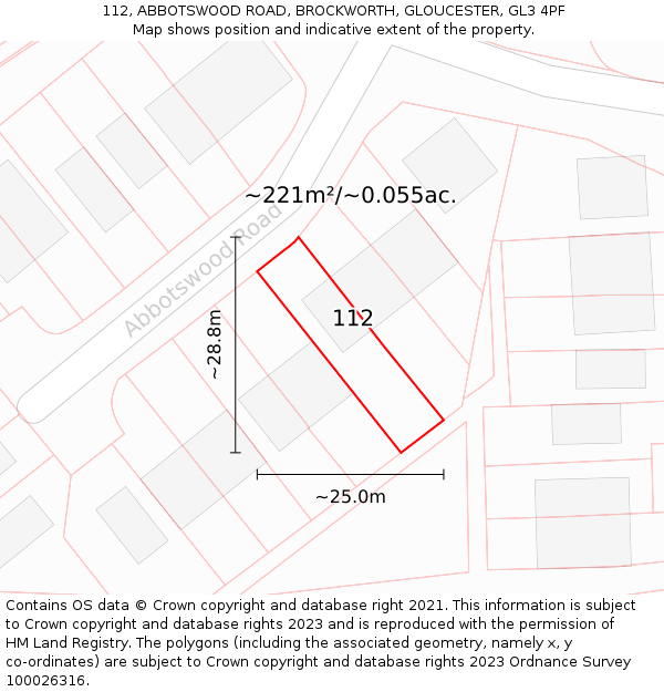 112, ABBOTSWOOD ROAD, BROCKWORTH, GLOUCESTER, GL3 4PF: Plot and title map