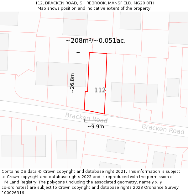 112, BRACKEN ROAD, SHIREBROOK, MANSFIELD, NG20 8FH: Plot and title map