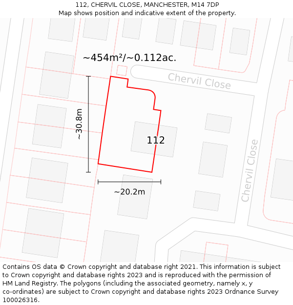 112, CHERVIL CLOSE, MANCHESTER, M14 7DP: Plot and title map