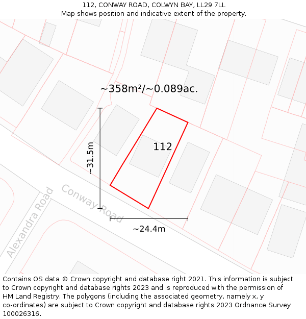 112, CONWAY ROAD, COLWYN BAY, LL29 7LL: Plot and title map