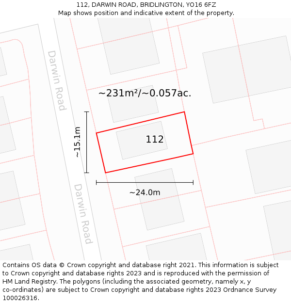 112, DARWIN ROAD, BRIDLINGTON, YO16 6FZ: Plot and title map