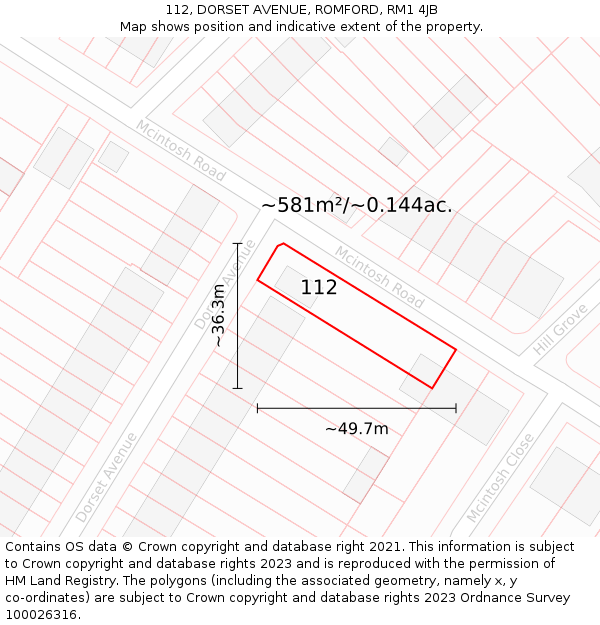 112, DORSET AVENUE, ROMFORD, RM1 4JB: Plot and title map