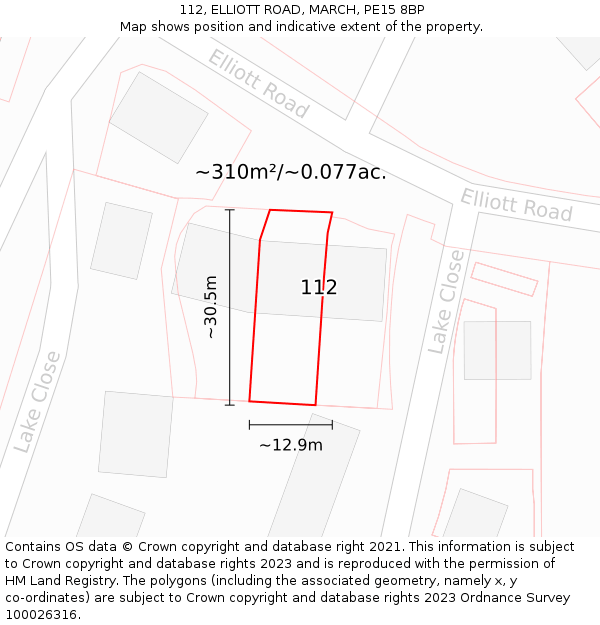 112, ELLIOTT ROAD, MARCH, PE15 8BP: Plot and title map