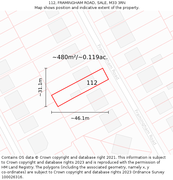 112, FRAMINGHAM ROAD, SALE, M33 3RN: Plot and title map