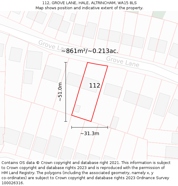 112, GROVE LANE, HALE, ALTRINCHAM, WA15 8LS: Plot and title map