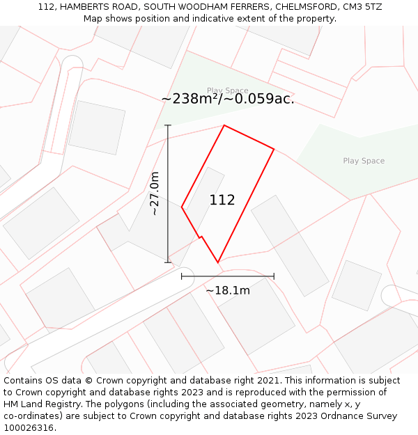 112, HAMBERTS ROAD, SOUTH WOODHAM FERRERS, CHELMSFORD, CM3 5TZ: Plot and title map