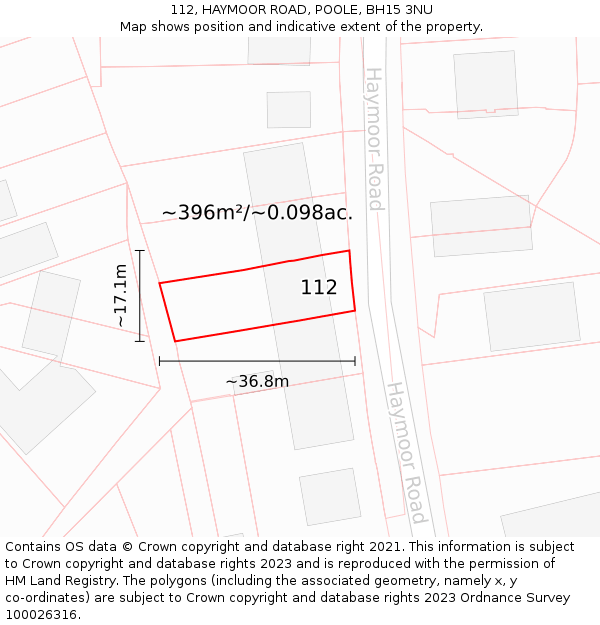 112, HAYMOOR ROAD, POOLE, BH15 3NU: Plot and title map