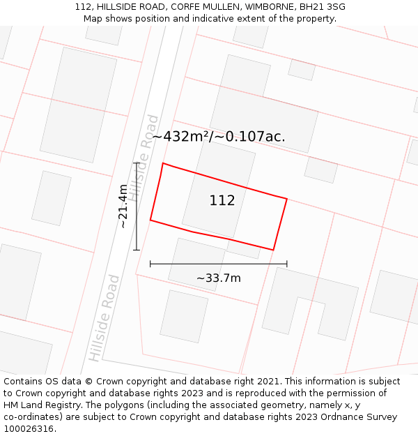 112, HILLSIDE ROAD, CORFE MULLEN, WIMBORNE, BH21 3SG: Plot and title map