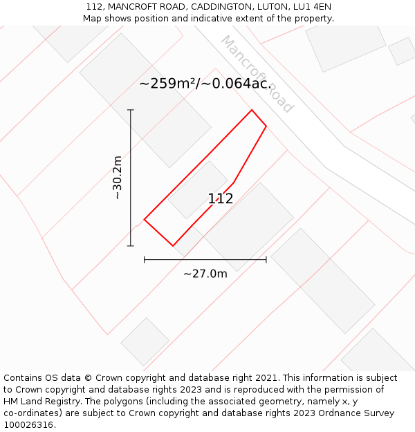 112, MANCROFT ROAD, CADDINGTON, LUTON, LU1 4EN: Plot and title map