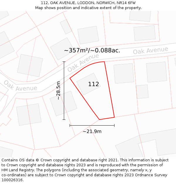 112, OAK AVENUE, LODDON, NORWICH, NR14 6FW: Plot and title map