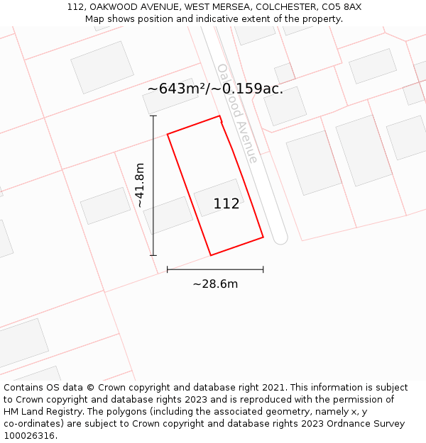 112, OAKWOOD AVENUE, WEST MERSEA, COLCHESTER, CO5 8AX: Plot and title map