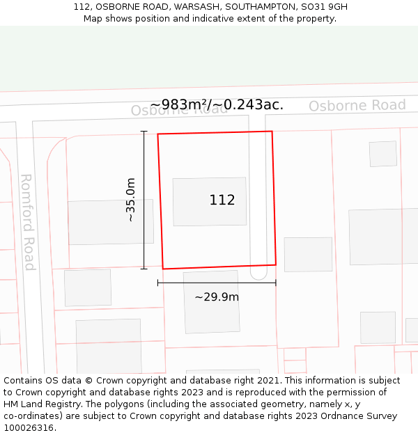 112, OSBORNE ROAD, WARSASH, SOUTHAMPTON, SO31 9GH: Plot and title map