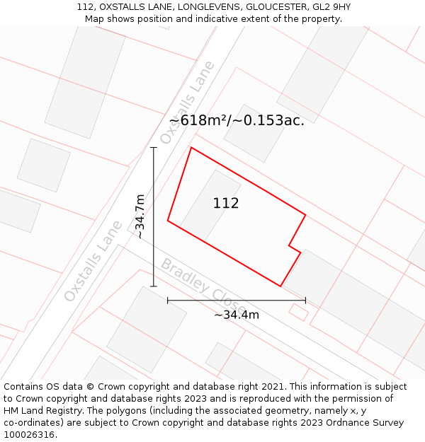 112, OXSTALLS LANE, LONGLEVENS, GLOUCESTER, GL2 9HY: Plot and title map