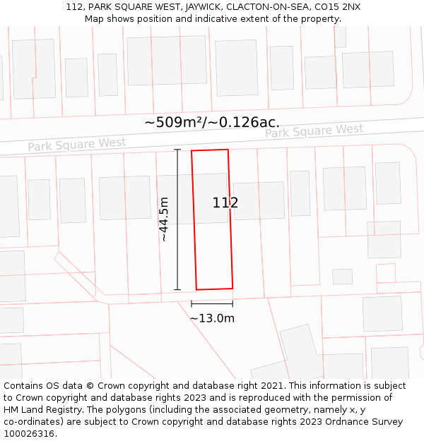 112, PARK SQUARE WEST, JAYWICK, CLACTON-ON-SEA, CO15 2NX: Plot and title map