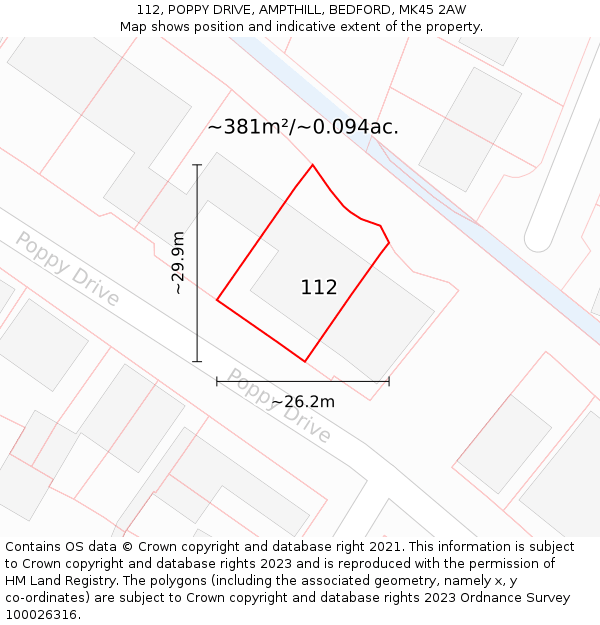 112, POPPY DRIVE, AMPTHILL, BEDFORD, MK45 2AW: Plot and title map