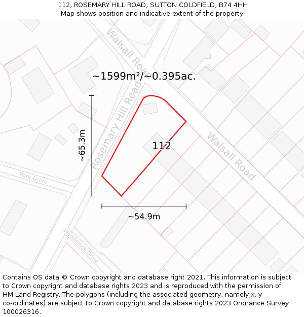 112, ROSEMARY HILL ROAD, SUTTON COLDFIELD, B74 4HH: Plot and title map
