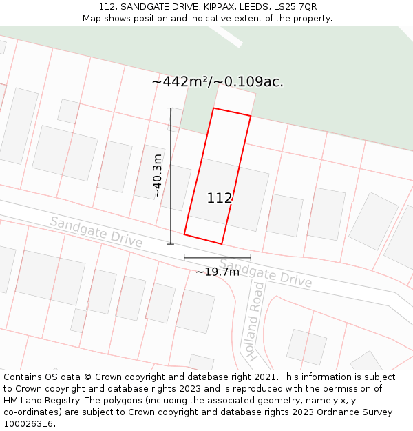 112, SANDGATE DRIVE, KIPPAX, LEEDS, LS25 7QR: Plot and title map