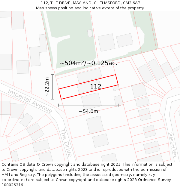 112, THE DRIVE, MAYLAND, CHELMSFORD, CM3 6AB: Plot and title map