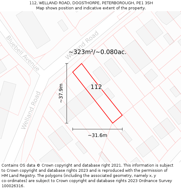 112, WELLAND ROAD, DOGSTHORPE, PETERBOROUGH, PE1 3SH: Plot and title map